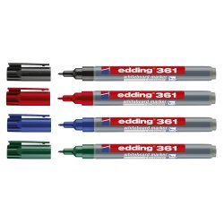 Маркер за бяла дъска Edding 361 със система cap-off, което означава, че не изсъхва, дори ако е оставен без капачка. Подходящ за употреба върху бели дъски и стъклени повърхности!