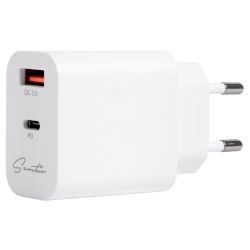 Компактно зарядно с технология GaN и два порта USB (USB-A/USB-C) за бързо зареждане с мощност до 20W и защита от презареждане и високо напрежение!