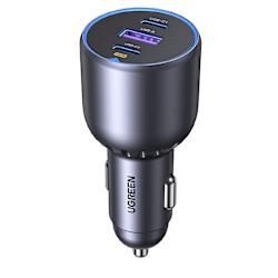 Стилно зарядно за автомобил с USB-C (2x) и USB-A (1x) портове, поддръжка на бързо зареждане до 100W чрез Power Delivery (USB-C2)!