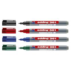Маркер за бяла дъска Edding 361 със система cap-off, предпазваща го от изсъхване, дори ако е оставен без капачка. Подходящ за употреба върху бели дъски и стъклени повърхности!