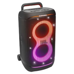 Електризиращ звук с AI Sound Boost, футуристично осветление, до 15 часа възпроизвеждане, свързване на множество високоговорители чрез Auracast™, телескопична дръжка, широки издръжливи колелца и IPX4 защита!