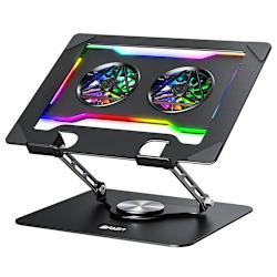 Изключително ергономична стойка, изработена от стомана и пластмаса, с тихи (26 до 40 dB) подвижни вентилатори, RGB осветление, възможност за завъртане на 360° и USB портове за таблети и лаптопи (10" до 17")!