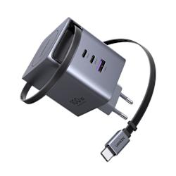 Гъвкаво зарядно устройство UGREEN 100W с технология GaNInfinity™, защита Thermal Guard™, 3 порта вграден прибиращ се кабел USB-C с дължина 70 cm!