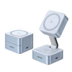 Магнитно безжично зарядно устройство от UGREEN с мощност 25W и съвместимост с MagSafe (Qi2), елегантен алуминиев корпус и дискретно осветление на основата за едновременно зареждане на iPhone и AirPods!