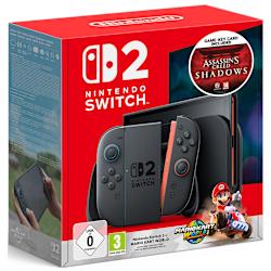 Комплектът съдържа конзолата Nintendo Switch 2, ваучер за Mario Kart World и Assassin's Creed Shadows на Game Key Card!