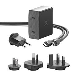 С 2 порта USB-C (100W+45W), кабел с оплетка и дължина 1.5m, международни адаптори (САЩ, ЕС, Австралия, Великобритания) и калъф, Turbo-X NB GaN 140W предлага светкавично бързо зареждане за лаптопи, таблети и смартфони!