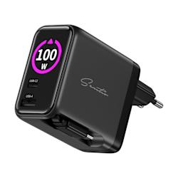 Компактно зарядно устройство (100W max.) с GaN технология, прибиращ се USB-C кабел, USB-C порт и USB-A порт, поддръжка на Quick Charge 3.0 и LCD дисплей!