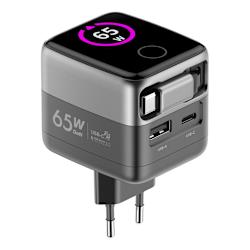 Компактно зарядно устройство (65W max.) с GaN технология, прибиращ се USB-C кабел, USB-C порт и USB-A порт, поддръжка на Quick Charge 3.0 и LCD дисплей!