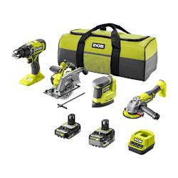 Комплект от 4 инструмента RYOBI® 18V ONE+™, който включва безжичен винтоверт, ъглошлайф 125mm, циркуляр 150mm и орбитален шлайф!