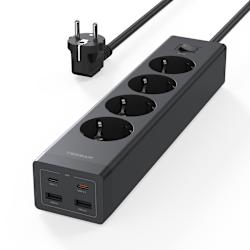 Разклонителят 8-in-1 на TESSAN с GaN технология разполага с 4 гнезда шуко, 2 порта USB-A и 2 порта USB-C с поддръжка на бързо зареждане 20W! Идеално решение за дома или офиса!