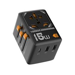 Адаптерът за пътуване Tessan 15W предлага глобална съвместимост, като разполага с AC контакт до 2500W, 2 порта USB-A и 1 порт USB-C, за безопасно зареждане на всяко от твоите устройства!