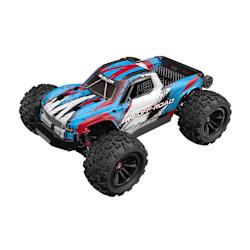 MJX Hyper GO 16218 е мощен  1/16 4WD brushless monster truck в мащаб 1:16, с впечатляващо синьо-червено-бяло купе и големи гуми за екстремен офроуд!