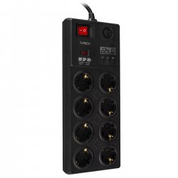 Защитен разклонител с 8 гнезда, бутон за изключване, LED индикация и LED Display (V/A/W). Предпазва устройствата ти от резки промени в напрежението на електрическата мрежа!